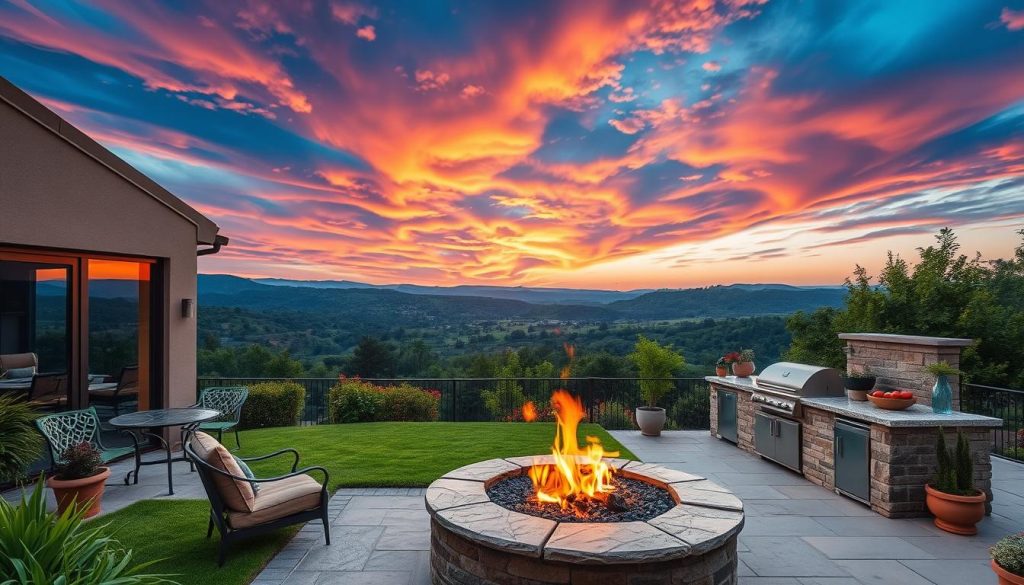 Lush verdant landscape with a contemporary outdoor kitchen featuring a grand stone fire pit, surrounded by stylish patio furniture and decorative potted plants. Warm glowing embers dance in the pit, casting a cozy ambiance across the scene. Overhead, a dramatic skyscape of vibrant exploding colors paints the horizon, reflecting off the shimmering glass windows of the kitchen. A picturesque vista of rolling hills and dense foliage forms the tranquil backdrop, bathed in the soft, diffused light of the setting sun. The composition captures the perfect balance of culinary functionality and serene natural beauty.