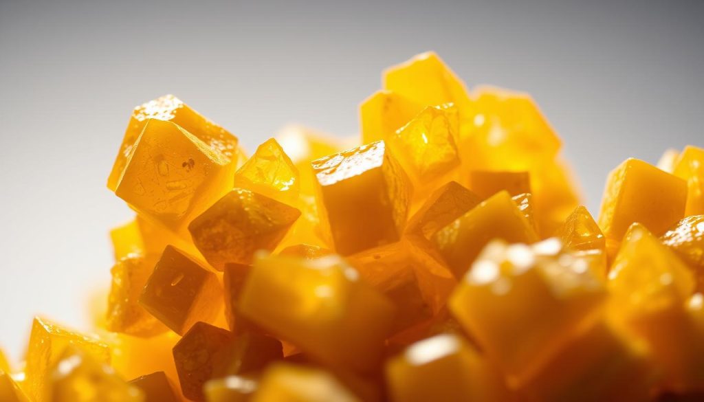 Macro close-up shot of vibrant cocoa butter crystals, shimmering with a warm golden glow under soft directional lighting. The crystals are arranged in an organic, clustered formation, casting delicate shadows and highlights that accentuate their intricate, faceted structures. The background is a blurred, minimalist gradient, allowing the crystalline details to take center stage. The overall mood is one of scientific curiosity and sensorial delight, inviting the viewer to closely examine the mesmerizing beauty and complexity of these essential chocolate-making building blocks.