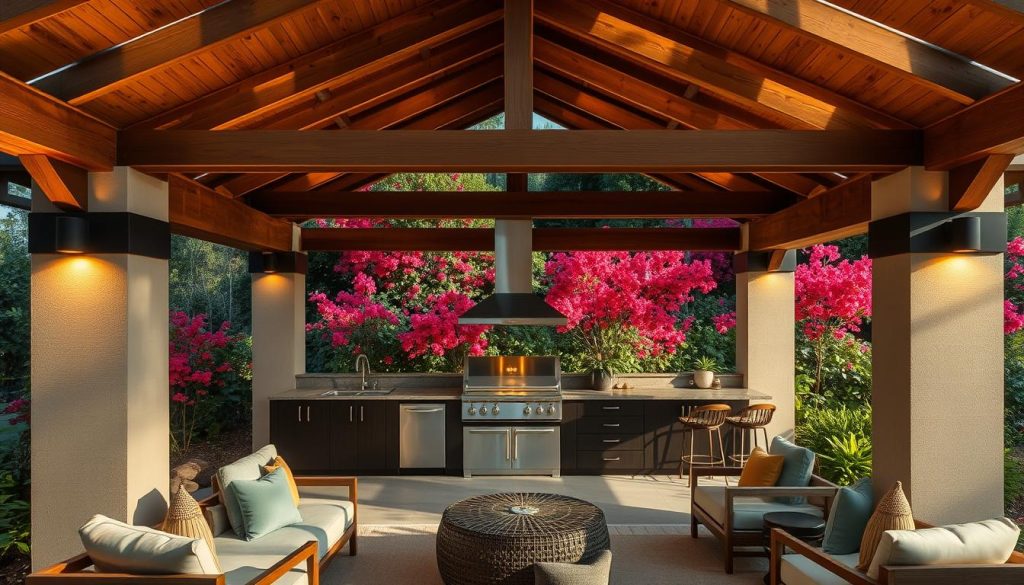 Outdoor kitchen pergola with a seamless integration of high-end appliances, backlit with warm, diffused lighting and surrounded by lush greenery. Sleek stainless steel range, built-in grill, and wet bar under a sturdy, geometric wooden pergola structure. Mid-century modern furniture pieces dotted around the space, creating a cozy yet stylish ambiance. Vibrant exploding colors of the natural environment blend harmoniously with the earthy tones of the wood and stone materials. Dramatic shadows and highlights accentuate the architectural details, while the overall scene exudes a sense of refined, alfresco living.