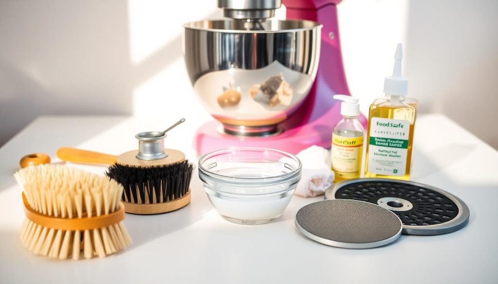 Stand mixer maintenance essentials, arranged on a clean white table. In the foreground, a soft bristle brush, a stiff wire brush, and a stainless steel scrub pad. In the middle, a small bowl of warm soapy water, a clean cloth, and a bottle of food-safe stand mixer lubricant. In the background, a sleek, modern stand mixer in a vibrant color, casting warm shadows across the scene. The lighting is natural and diffused, creating a bright, inviting atmosphere. The overall composition is balanced and visually appealing, highlighting the essential tools needed to keep a stand mixer in top condition.