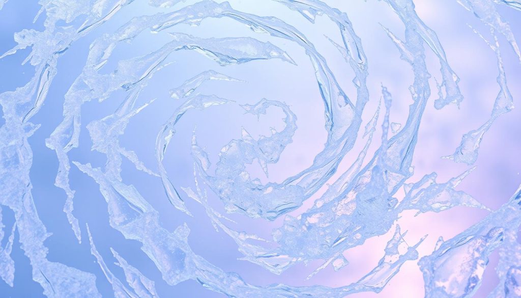 Swirling ice crystal formations, their intricate patterns and structures crystallizing in a mesmerizing dance. Translucent shards glimmering under a soft, diffused light, capturing the dynamic process of water molecules binding together. Layers of ice textures, from delicate featherlike edges to jagged, asymmetrical shapes, emerge from a hazy, ethereal background. Vibrant hues of blue, white, and violet ebb and flow, highlighting the gradual transition from liquid to solid. A serene, yet captivating moment, showcasing the beauty and complexity of the ice crystal formation process.