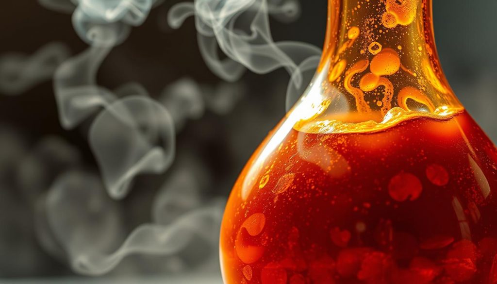 Vibrant, bubbling glass bottle filled with rich, amber-hued fermented fish sauce. Intricate swirls of steam rise from the surface, casting a hazy, inviting glow. Gleaming glass refracts shimmering highlights, while an explosion of warm, earthy tones permeates the frame. Soft, directional lighting accentuates the sauce's viscous, almost syrupy texture, hinting at its intense umami essence. Crisp, high-resolution detail captures the essence of this culinary elixir, a transformative ingredient ready to elevate any savory dish.