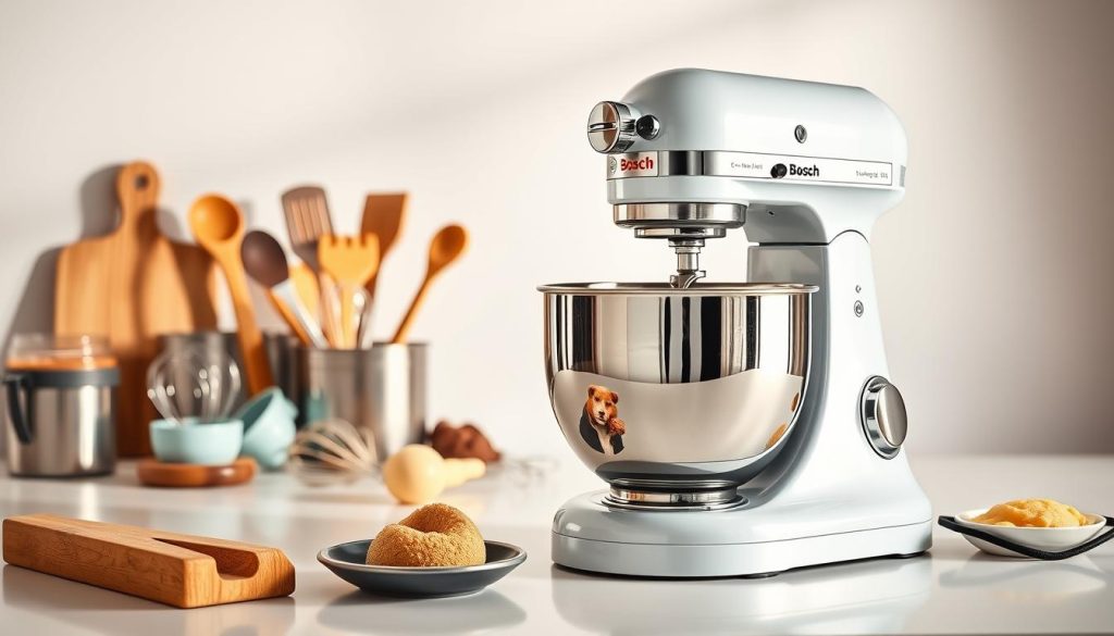 Vibrant, high-quality image of a Bosch Universal Plus stand mixer, meticulously detailed, set against a clean white background. The mixer is showcased in the foreground, its gleaming chrome and sleek design reflecting the warm, natural light. In the middle ground, an assortment of home baking tools, including whisks, spatulas, and measuring cups, are artfully arranged, highlighting the mixer's versatility. The background is softly blurred, creating a sense of focus and emphasis on the primary subject. The overall mood is one of sophistication, functionality, and the joy of home baking.