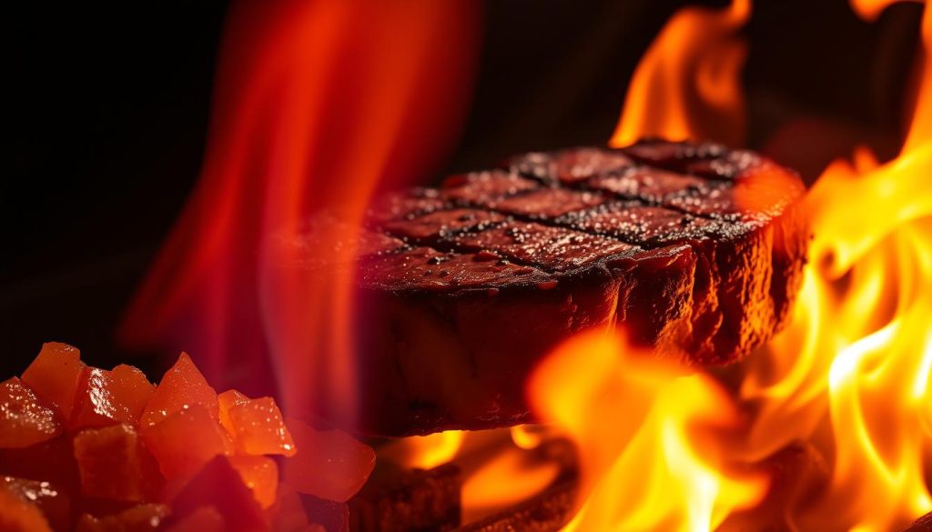 Vibrant, multi-hued flames lick across the frame, revealing the nuanced processes of caramelization and the Maillard reaction. In the foreground, golden-brown caramelized sugar crystals glisten, their surfaces shimmering with a glossy sheen. Beside them, a sizzling steak sears, its char-grilled exterior contrasting with the juicy, reddish-pink interior - the result of the complex Maillard browning. The middle ground blends these two phenomena, the interplay of sweet, nutty caramel and savory, umami-rich Maillard creating a mesmerizing dance of textures and flavors. Moody, dramatic lighting casts dynamic shadows, heightening the sense of motion and transformation. The background fades into an enigmatic, abstract realm, hinting at the molecular intricacies that underlie these fundamental culinary processes. Vibrant, multi-hued flames lick across the frame, revealing the nuanced processes of caramelization and the Maillard reaction. In the foreground, golden-brown caramelized sugar crystals glisten, their surfaces shimmering with a glossy sheen. Beside them, a sizzling steak sears, its char-grilled exterior contrasting with the juicy, reddish-pink interior - the result of the complex Maillard browning. The middle ground blends these two phenomena, the interplay of sweet, nutty caramel and savory, umami-rich Maillard creating a mesmerizing dance of textures and flavors. Moody, dramatic lighting casts dynamic shadows, heightening the sense of motion and transformation. The background fades into an enigmatic, abstract realm, hinting at the molecular intricacies that underlie these fundamental culinary processes.