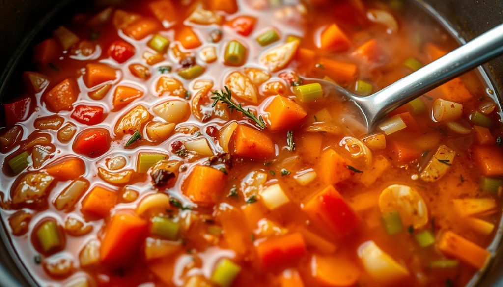 Vibrant simmering vegetable soup base, the essence of hearty homemade comfort. A colorful medley of sautéed onions, carrots, celery, and garlic, their aromas mingling in a rich tomato-tinged broth. Herbs and spices dance through the steam, paprika and thyme adding depth. Exploding hues of amber, crimson, and verdant green, the foundation for endless variations. Illuminated by warm, diffused light, the scene invites a ladle and a cozy bowl. Captured at a low angle, the simmering pot takes center stage, enticing the senses with the promise of a nourishing, flavorful soup. Vibrant simmering vegetable soup base, the essence of hearty homemade comfort. A colorful medley of sautéed onions, carrots, celery, and garlic, their aromas mingling in a rich tomato-tinged broth. Herbs and spices dance through the steam, paprika and thyme adding depth. Exploding hues of amber, crimson, and verdant green, the foundation for endless variations. Illuminated by warm, diffused light, the scene invites a ladle and a cozy bowl. Captured at a low angle, the simmering pot takes center stage, enticing the senses with the promise of a nourishing, flavorful soup.
