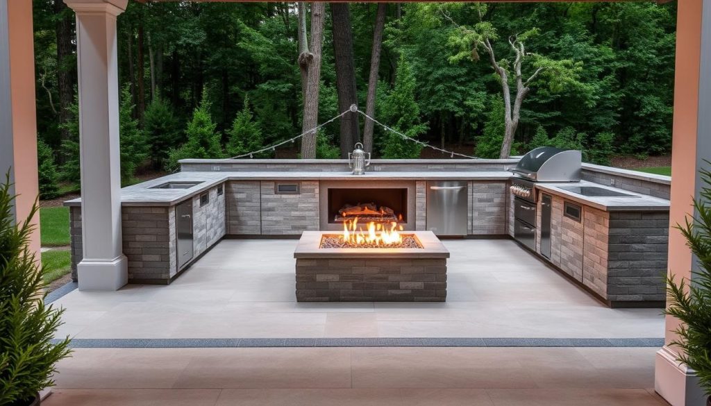 a built-in fire pit installation for an outdoor kitchen, showcasing a sleek modern design with a large square fire pit surrounded by a smooth stone patio, framed by lush greenery and mature trees in the background, the fire pit's warm glow casting a vibrant, cozy atmosphere across the entire scene, with a focus on the meticulous craftsmanship and attention to detail in the installation, shot from a slightly elevated angle to highlight the overall layout and integration into the outdoor living space