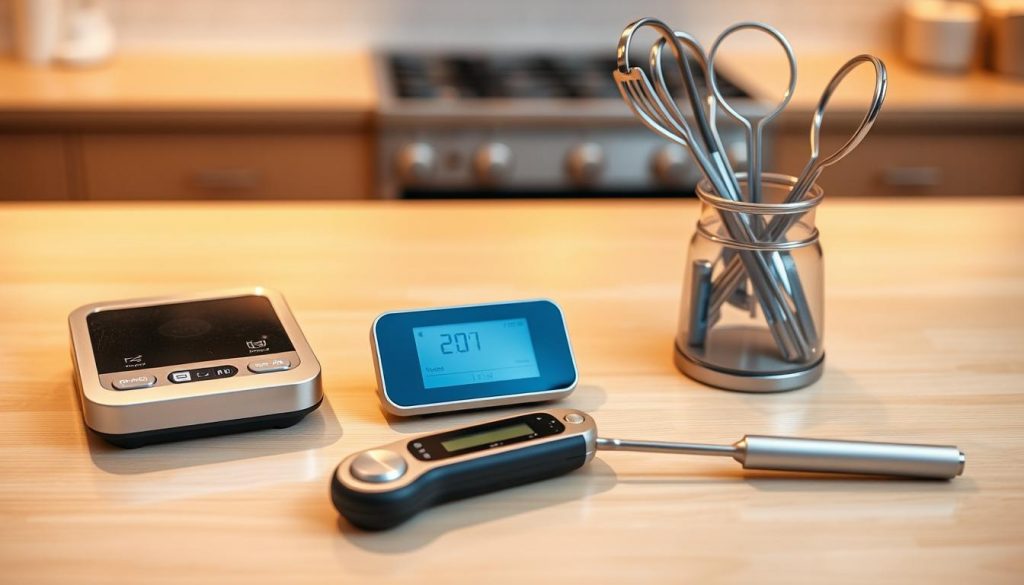a clean, modern kitchen countertop with an array of digital kitchen gadgets including a sleek food thermometer, a small digital scale, and a precision utensil holder. The countertop is made of light wood and the gadgets have a metallic silver finish, casting soft reflections. Warm, indirect lighting from above highlights the clean lines and minimalist design of the tools. The overall scene conveys a sense of organization, efficiency, and attention to detail, reflecting the best practices for using and storing a digital food thermometer. a clean, modern kitchen countertop with an array of digital kitchen gadgets including a sleek food thermometer, a small digital scale, and a precision utensil holder. The countertop is made of light wood and the gadgets have a metallic silver finish, casting soft reflections. Warm, indirect lighting from above highlights the clean lines and minimalist design of the tools. The overall scene conveys a sense of organization, efficiency, and attention to detail, reflecting the best practices for using and storing a digital food thermometer.