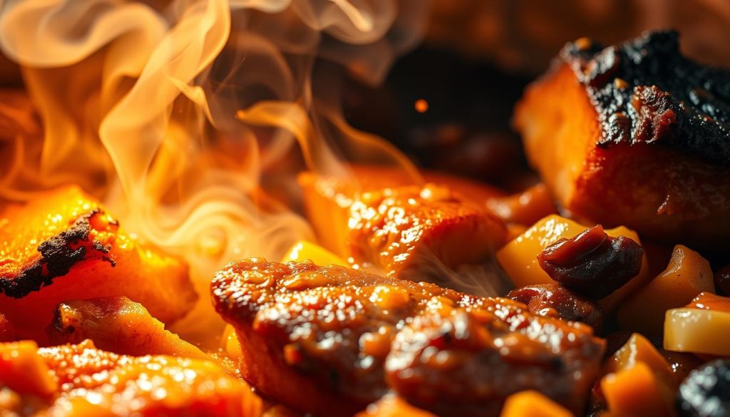 a close-up, highly detailed view of various flavor enhancement browning techniques used in pressure cooking, such as searing, caramelizing, and toasting, captured in a vibrant, dynamic arrangement of textures, colors, and lighting effects. The foreground features golden-brown crusts, charred edges, and glossy, caramelized surfaces of meats, vegetables, and other ingredients. The middle ground showcases the interplay of heat, steam, and chemical reactions that create these mouthwatering effects. The background is filled with a swirling, ethereal mix of warm, earthy tones and flickering highlights, evoking the energy and intensity of the pressure cooking process. The overall mood is one of culinary excitement and the promise of rich, deeply flavored dishes.