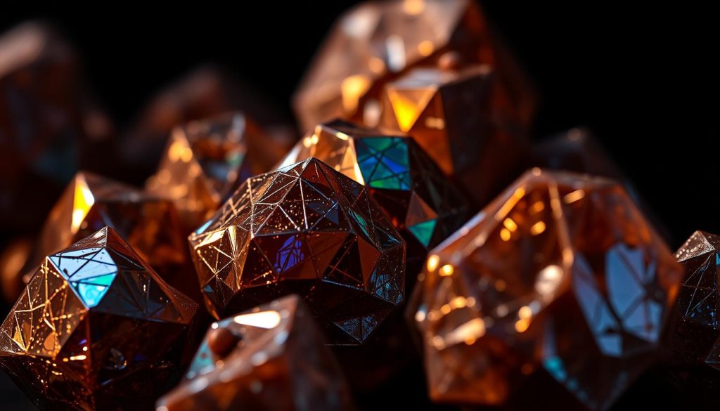 a close-up, hyper-realistic macro photograph of shimmering, iridescent chocolate crystals against a dark background, illuminated by dramatic, moody studio lighting that casts striking shadows and highlights the intricate, faceted structures of the crystals. The chocolate has a rich, glossy, tempered appearance, with a complex network of interconnected, geometric patterns and textures that suggest the scientific complexity and precision underlying the process of chocolate tempering. The image conveys a sense of wonder and appreciation for the hidden beauty and elegance of the molecular-scale phenomena that shape the final form of this delectable confection.