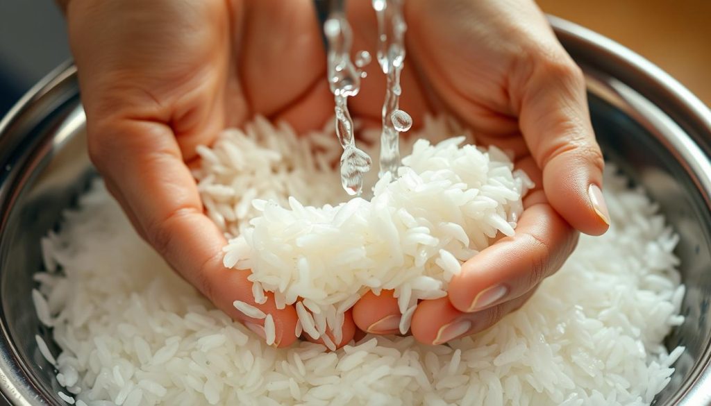 a close-up shot of hands gently rinsing white rice grains under a steady stream of cold, clear water in a stainless steel colander, the grains sliding between the fingers and a few droplets splashing up, a soft, diffused light from above illuminating the scene, creating a tranquil, immersive atmosphere that emphasizes the importance of this fundamental step in preparing delicious, non-sticky rice