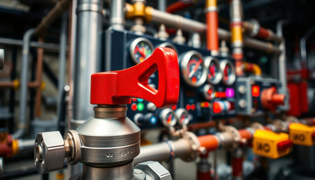 a close-up view of a gas power safety system, with a prominently featured safety shutoff valve in the foreground, its red handle contrasting against a sleek, metallic body. In the middle ground, various pressure gauges, flow meters, and control panels are neatly arranged, their displays illuminated with vibrant, moving colors that convey the system's functionality. The background is blurred, suggesting an industrial setting, with pipes, conduits, and other equipment hinting at the larger gas power infrastructure. The lighting is directional, casting dramatic shadows and highlights that emphasize the technical details and precision engineering of the safety components. a close-up view of a gas power safety system, with a prominently featured safety shutoff valve in the foreground, its red handle contrasting against a sleek, metallic body. In the middle ground, various pressure gauges, flow meters, and control panels are neatly arranged, their displays illuminated with vibrant, moving colors that convey the system's functionality. The background is blurred, suggesting an industrial setting, with pipes, conduits, and other equipment hinting at the larger gas power infrastructure. The lighting is directional, casting dramatic shadows and highlights that emphasize the technical details and precision engineering of the safety components.
