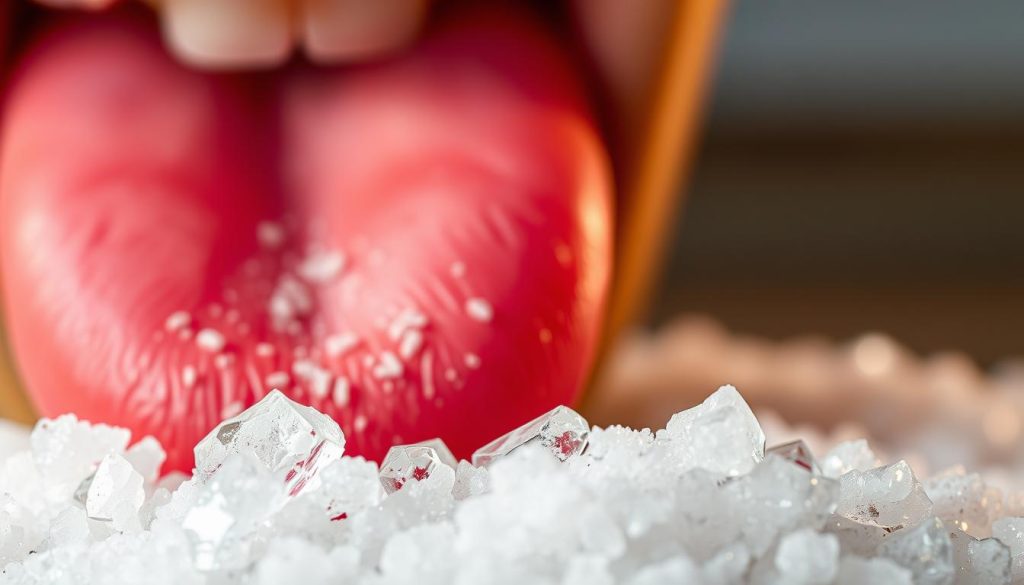a close-up view of a human tongue, revealing the intricate texture and structure of the taste buds, bathed in a vibrant, shimmering hue of pink, orange, and yellow. In the foreground, a pile of coarse sea salt crystals, their faceted surfaces reflecting the vivid, shifting colors. The middle ground features a blurred, out-of-focus background, creating a sense of depth and focus on the primary elements. The lighting is soft and diffused, accentuating the tactile, almost sensual nature of the scene. The overall mood is one of curiosity and scientific wonder, inviting the viewer to explore the fascinating interplay between salt and the human sense of taste. a close-up view of a human tongue, revealing the intricate texture and structure of the taste buds, bathed in a vibrant, shimmering hue of pink, orange, and yellow. In the foreground, a pile of coarse sea salt crystals, their faceted surfaces reflecting the vivid, shifting colors. The middle ground features a blurred, out-of-focus background, creating a sense of depth and focus on the primary elements. The lighting is soft and diffused, accentuating the tactile, almost sensual nature of the scene. The overall mood is one of curiosity and scientific wonder, inviting the viewer to explore the fascinating interplay between salt and the human sense of taste.