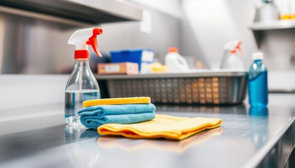 a close-up view of a stainless steel kitchen counter, showcasing various food-safe cleaning supplies such as a spray bottle, sponge, and microfiber cloth. the surface is well-lit, creating a bright and hygienic atmosphere. the items are arranged in a visually appealing manner, highlighting their purpose and functionality. the colors are vibrant and eye-catching, drawing attention to the importance of maintaining a clean and sanitary food preparation area. the image conveys a sense of professionalism and attention to detail, aligning with the topic of "what makes a cleaner food-safe".