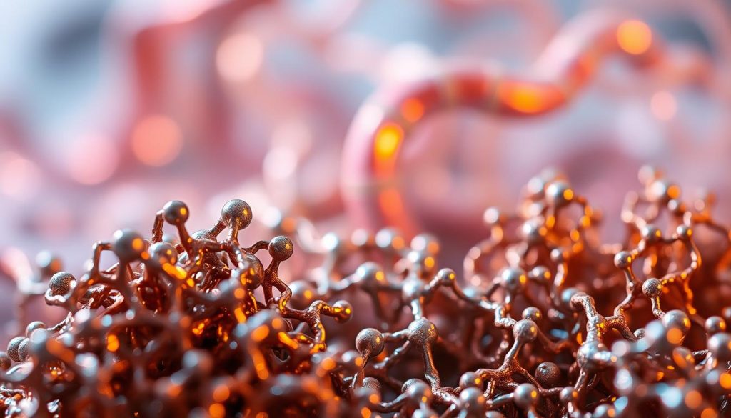a close-up view of metal migration compounds, showcasing a dynamic interplay of vibrant, swirling hues and textures. The foreground features intricate, metallic formations in shimmering shades of copper, bronze, and silver, captured in sharp focus. The middle ground reveals a mesmerizing dance of colorful, fluid-like elements, suggesting the migration and transformation of the metal compounds. The background is shrouded in a soft, ethereal glow, creating a sense of depth and mystery. The lighting is carefully balanced, casting subtle shadows and highlights that accentuate the sculptural qualities of the metal structures. The overall composition evokes a sense of scientific wonder and the elegant complexity of chemical processes.