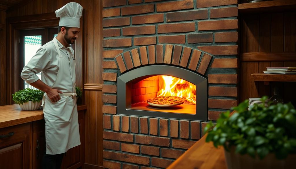 a cozy kitchen with a built-in brick pizza oven sitting in the corner, featuring a large glass window that allows a view of the roaring flames inside, casting a warm glow over the rustic wood-paneled walls and floor. A chef in a crisp white apron is carefully sliding a pizza into the oven, their face illuminated by the flickering firelight. Lush green potted herbs line the windowsill, their vibrant hues complementing the earthy tones of the oven and cabinetry. Soft, diffused lighting highlights the textural details of the brickwork, creating a inviting, homey atmosphere. The scene conveys the growing popularity of high-quality, custom-installed pizza ovens as a must-have feature for the modern, food-centric home.