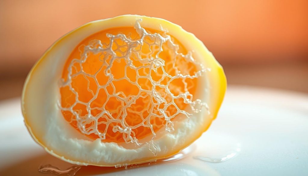 a cross-section of a cooked egg, revealing the intricate protein structure within, captured in vibrant, moving colors. The foreground showcases the delicate, lace-like pattern of the coagulated proteins, suspended in a semi-transparent matrix. The middle ground features a closer view of the protein strands, each one distinct and undulating with a subtle, animated quality. The background blends soft, diffused hues that complement the central subject, creating a sense of depth and dimension. Lit from above with a warm, natural light, the image conveys the scientific complexity and visual allure of the egg protein's behavior during the cooking process. a cross-section of a cooked egg, revealing the intricate protein structure within, captured in vibrant, moving colors. The foreground showcases the delicate, lace-like pattern of the coagulated proteins, suspended in a semi-transparent matrix. The middle ground features a closer view of the protein strands, each one distinct and undulating with a subtle, animated quality. The background blends soft, diffused hues that complement the central subject, creating a sense of depth and dimension. Lit from above with a warm, natural light, the image conveys the scientific complexity and visual allure of the egg protein's behavior during the cooking process.