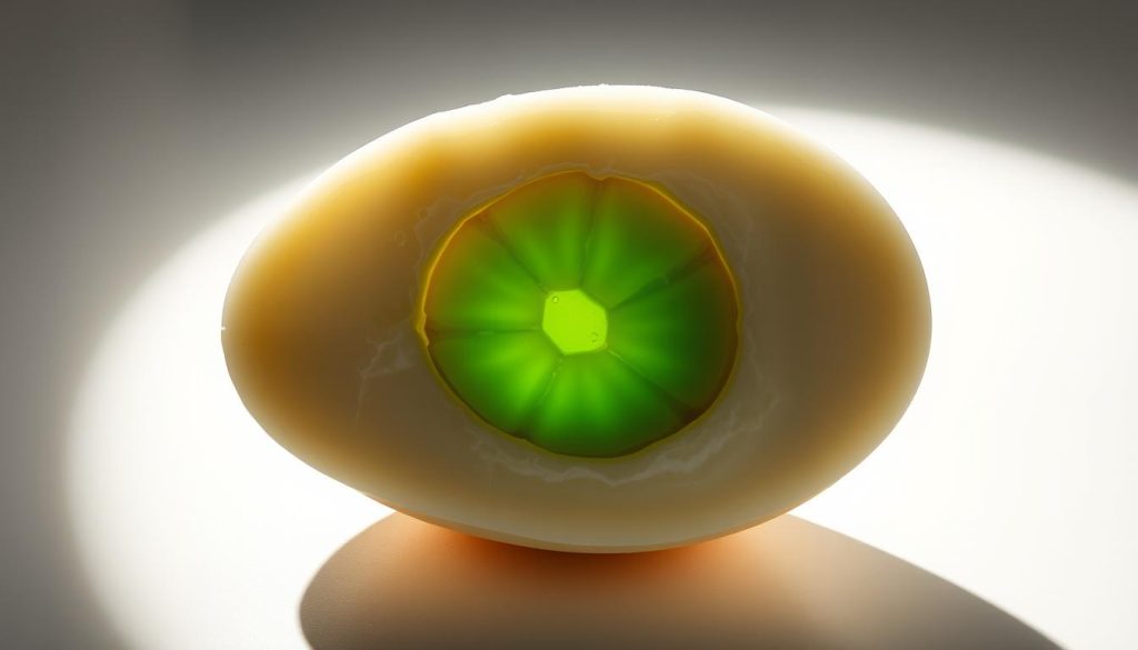 a cross-section of a hard-boiled egg, revealing the denatured protein structure within, with a bright green hue radiating from the yolk center, set against a stark white background, lit by dramatic directional lighting that casts dramatic shadows, capturing the scientific process of overcooking and protein denaturation in vivid detail, with a sense of scientific exploration and discovery