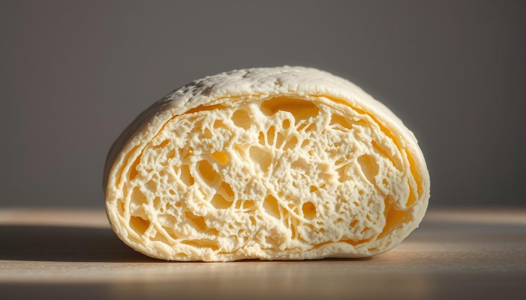 a cross-section of freshly kneaded bread dough, revealing the intricate gluten network that traps gas bubbles and allows the dough to rise. a close-up view, with soft focus on the translucent, interconnected gluten strands. the dough is illuminated from the side, casting dramatic shadows and highlights that accentuate the texture and structure. the background is a neutral, muted tone to draw the viewer's attention to the mesmerizing gluten web. the overall mood is scientific, yet visually captivating, complementing the subject of "the science of gluten development in bread dough".