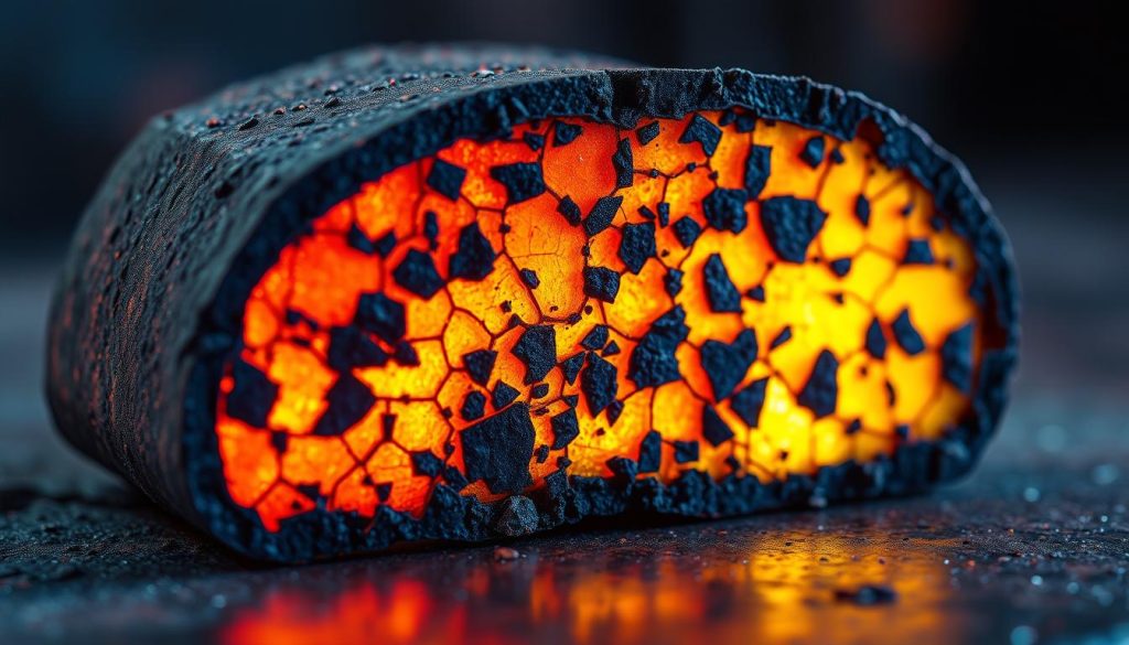 a cross-section view of a sample of cast iron, with a detailed, highly magnified visualization of the carbon structure within the metal, showcasing the intricate network of graphite flakes and their distribution across the material. The scene is illuminated by warm, vibrant lighting that accentuates the colors and textures, creating a visually striking and technically informative representation of the heat retention properties of cast iron. The camera angle provides a clear, unobstructed view of the inner workings of the material, allowing the viewer to fully appreciate the complex microstructure responsible for its exceptional heat-holding capabilities.