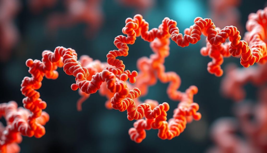 a detailed 3D molecular rendering of the protein structure of an egg, showcasing the complex arrangement of amino acids and peptide bonds that form the unique shape and functionality of this essential biomolecule. The image should have a crisp, high-resolution appearance, with a vibrant color palette that highlights the intricate folding patterns and intermolecular interactions. Utilize a dynamic, cinematic lighting setup that casts dramatic shadows and emphasizes the depth and contours of the structure, creating a sense of visual interest and scientific elegance. The overall composition should convey a sense of awe and wonder at the beauty and complexity of this fundamental building block of life.