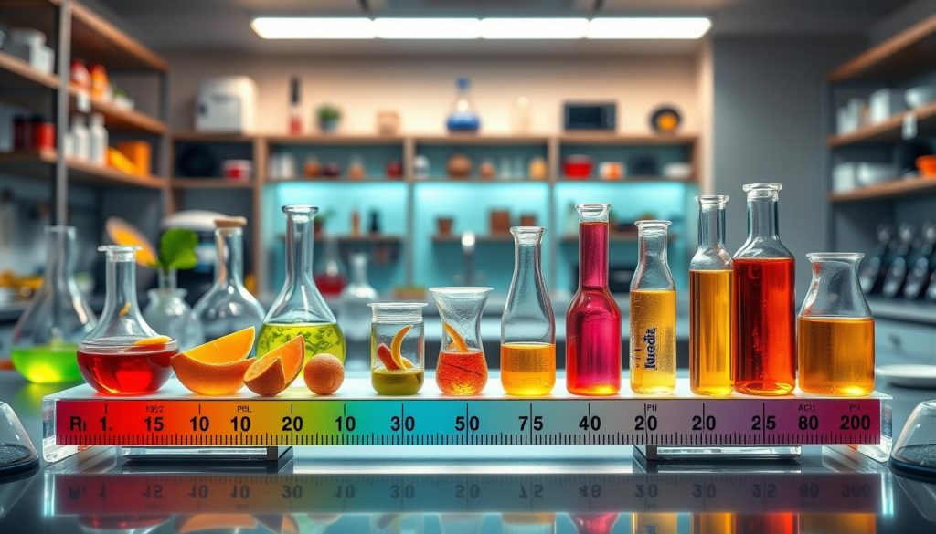 a detailed and scientifically accurate illustration of a pH scale in the context of culinary chemistry, featuring a vibrant and dynamic color palette. The foreground should prominently display a pH scale with clear numerical markers, ranging from acidic to basic values, with iconic food and drink items arranged along the scale to demonstrate their relative acidity or alkalinity. The middle ground should showcase various chemical glassware, lab equipment, and molecular models to reinforce the scientific nature of the subject. The background should depict a modern, well-lit culinary laboratory or kitchen setting, with subtle hints of kitchen tools and appliances to contextually link the pH scale to the culinary arts. The overall mood should convey a sense of scientific exploration and discovery within the realm of the culinary world.