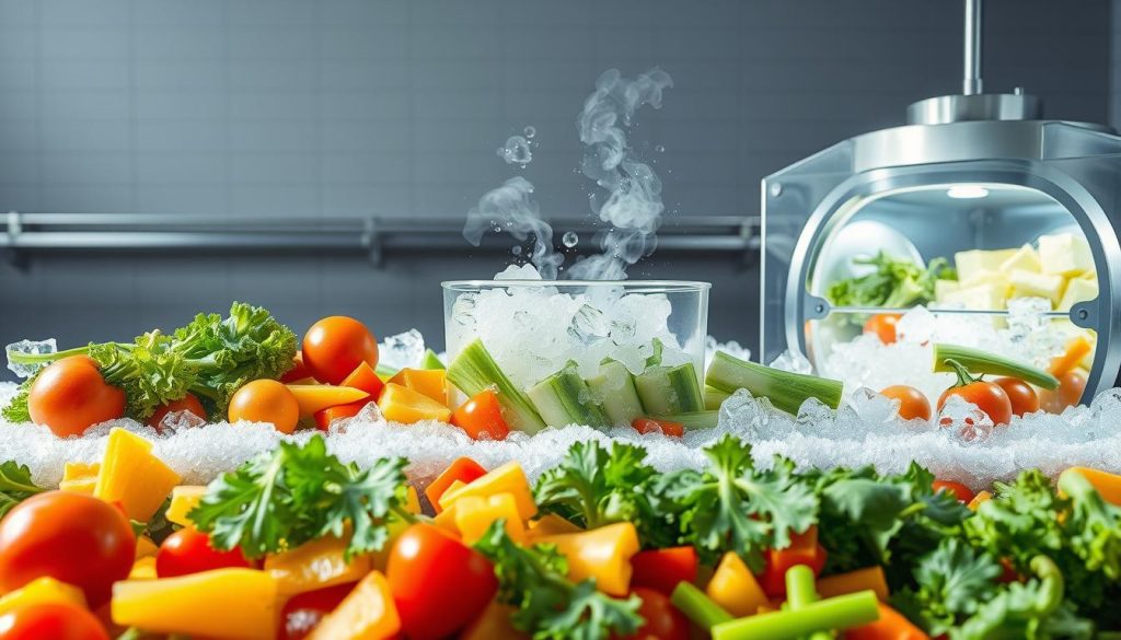 a detailed cross-section illustration of the step-by-step process of frozen vegetable production, showcasing a crisp, clean and scientific aesthetic. In the foreground, freshly harvested vegetables are shown being thoroughly cleaned and inspected. In the middle ground, the vegetables are depicted undergoing a rapid blanching process, with steam and bubbles swirling around. In the background, the vegetables are seen being flash-frozen in a state-of-the-art cryogenic chamber, surrounded by a flurry of ice crystals and a cool, glacial palette. The lighting is bright and evenly distributed, captured through a wide-angle lens to provide a comprehensive overview of the entire process. The overall mood is one of efficiency, precision and preservation of nutrients.