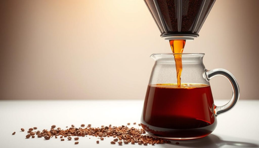 a detailed, high-resolution, realistic illustration of the coffee extraction process, with a clear focus on the various stages of water flowing through the ground coffee, resulting in the rich, aromatic coffee brew. The foreground should depict the extraction setup, including a glass or transparent container, a filter or portafilter, and the freshly brewed coffee flowing into the container. The middle ground should showcase the intricate patterns and colors of the coffee extraction, with the water interacting with the grounds and the evolving hues of the brew. The background should provide a clean, minimalist setting, emphasizing the technical and scientific nature of the process, with subtle hints of warmth and texture to convey the artisanal and sensory aspects of coffee making. Vibrant, moving colors should be used to capture the dynamic nature of the extraction, with a focus on warm tones and rich textures. The overall image should have a crisp, high-quality, and visually captivating aesthetic that