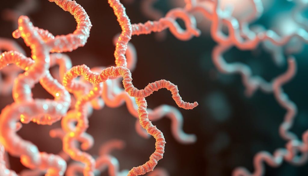 a detailed, highly realistic molecular structure of collagen protein fibrils, rendered in vibrant, shimmering colors and a sheer, crystalline texture. the foreground depicts the intricate helix-like configuration of the collagen strands, with fine, delicate details visible. the middle ground showcases the bundling and cross-linking of the fibrils, creating a complex, web-like pattern. the background subtly fades into a soft, ethereal glow, highlighting the dynamic, almost living quality of the collagen structure. the overall scene conveys a sense of scientific elegance and the inherent beauty of the building blocks of life.