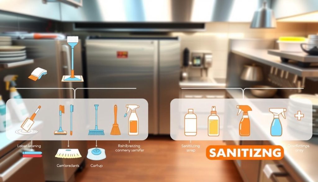 a detailed illustrated diagram comparing the steps and processes of cleaning and sanitizing in a commercial kitchen setting, viewed from an overhead angle with a light, airy, and educational tone. The foreground showcases two parallel sequences of actions, one for cleaning and one for sanitizing, using crisp, realistic depictions of common cleaning tools and equipment like scrub brushes, mops, sponges, and disinfectant sprays. The middle ground features a clean, stainless steel kitchen environment with various appliances and surfaces. The background contains soft, blurred motion blur effects to convey a sense of movement and activity. The overall color palette is vibrant, with contrasting hues to clearly distinguish the cleaning and sanitizing steps.