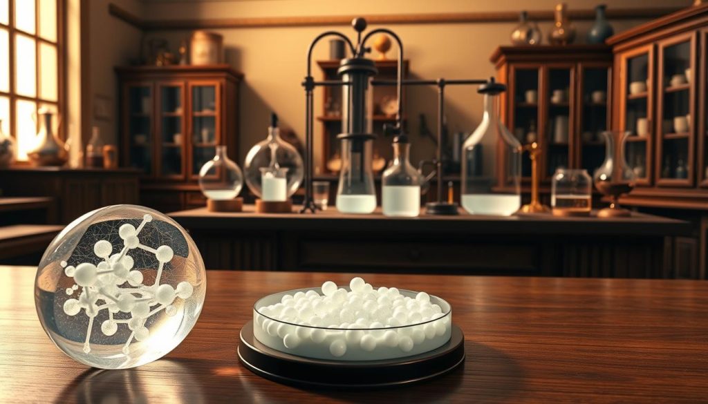 a detailed, realistic 3D render of the historical development of casein plastic, showcasing its chemical composition and manufacturing process. the foreground displays a transparent, glowing sample of casein plastic, revealing its internal molecular structure. the middle ground features a scientific apparatus demonstrating the conversion of milk to casein, with various glass vessels, test tubes, and bubbling liquids. the background depicts a vintage laboratory setting, complete with aged wooden furniture, glass-fronted cabinets, and antique laboratory equipment. the lighting is warm and dramatic, casting deep shadows and highlights to emphasize the scientific and technical nature of the scene. the overall mood is one of scientific curiosity and discovery, highlighting the fascinating chemistry behind this early 20th century plastic material.
