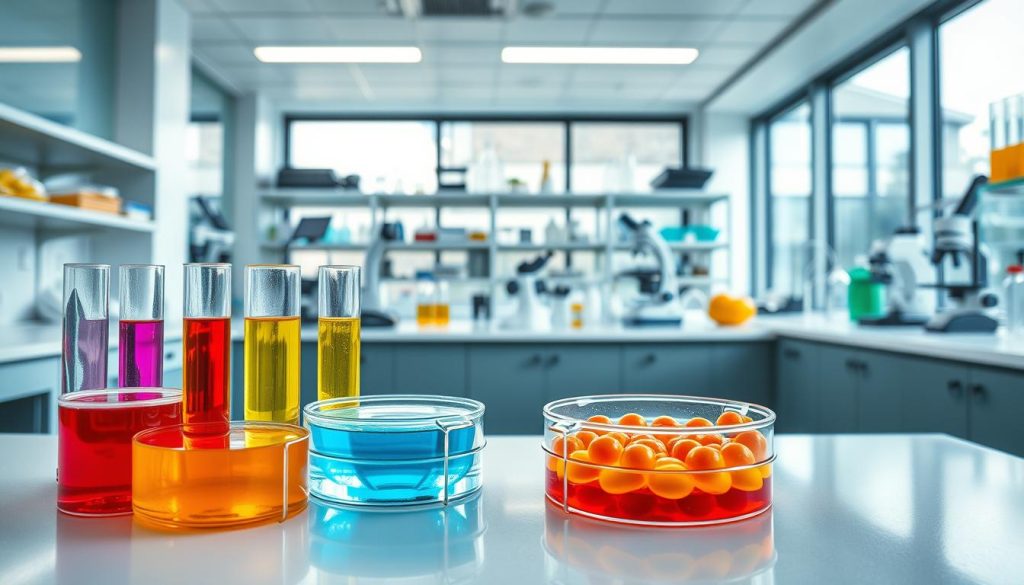 a detailed scientific laboratory setting with a vibrant and dynamic visual presentation. the foreground features a group of petri dishes and test tubes filled with vivid, colorful liquids representing the various stages of the salmonella transfer study. the middle ground showcases a clean, well-lit countertop workspace with various scientific instruments and tools, including microscopes, pipettes, and other lab equipment. the background depicts a modern, state-of-the-art laboratory environment with sleek, minimalist design elements and large windows allowing natural light to flood the space. the overall scene conveys a sense of scientific rigor, experimentation, and the pursuit of knowledge, with a captivating visual aesthetic that effectively illustrates the introduction to the kitchen cross-contamination experiments.