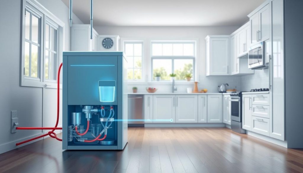 a detailed, technical illustration of an ice maker installation, set in a modern, well-lit kitchen interior. the foreground shows the ice maker unit, with its various components and connections clearly visible, including the water line, drainage, and power supply. the middle ground features the cabinetry, countertops, and surrounding appliances that the ice maker would be integrated with. the background showcases the kitchen's overall layout, with windows providing natural lighting and a sense of depth. the image conveys a vibrant, dynamic color palette, with the stainless steel and white tones of the kitchen balanced by pops of accent colors. the overall mood is one of precision, functionality, and seamless home appliance integration.