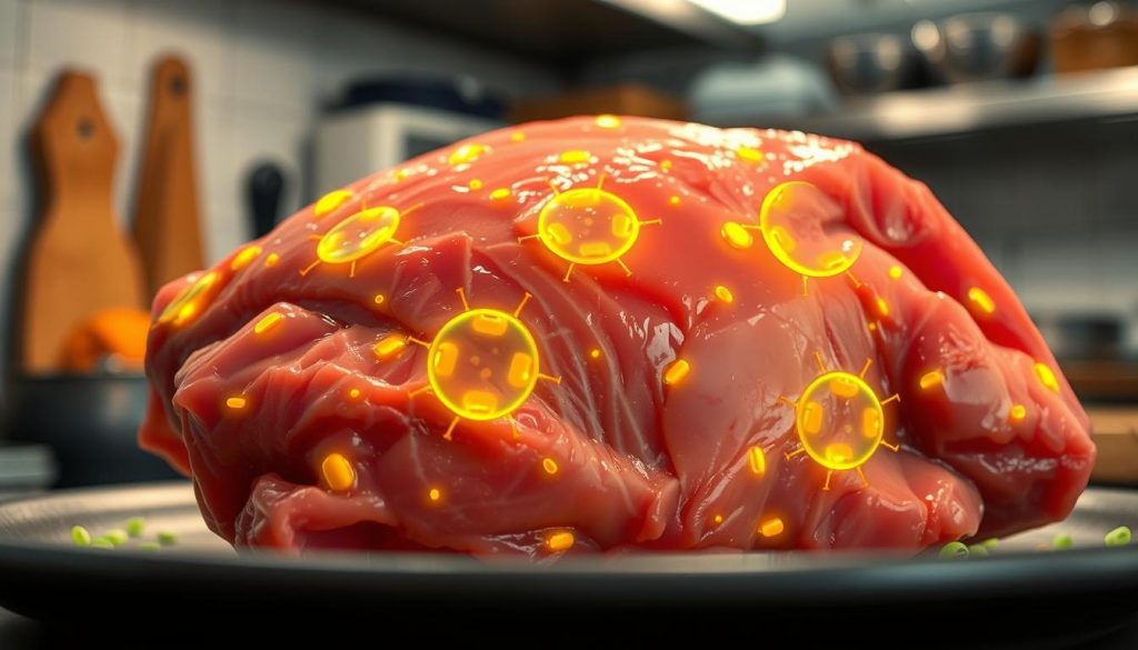 a highly detailed, hyper-realistic image of raw chicken meat with visible salmonella bacterial contamination, rendered in vibrant, moving colors. The chicken meat is prominently displayed in the foreground, with a slightly out-of-focus kitchen environment in the background, suggesting a food preparation setting. The salmonella bacteria are represented as swirling, glowing patterns in shades of green and yellow, seemingly crawling across the surface of the meat. Crisp lighting from an overhead source casts dramatic shadows, heightening the sense of texture and depth. The overall mood is unsettling yet educational, drawing the viewer's attention to the invisible yet dangerous presence of foodborne pathogens in a kitchen context.