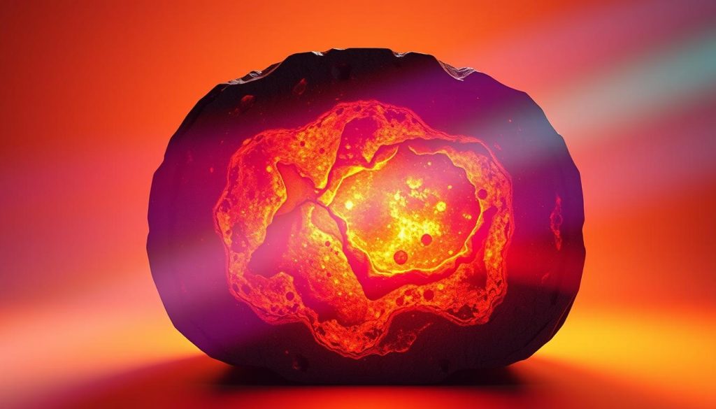 a highly detailed, hyper-realistic, scientifically accurate 3D render of a cross-section of a cast iron thermal mass, showing the internal microstructure and crystalline lattice structure, with visible grain boundaries, impurities, and inclusions. The image is illuminated by a warm, natural, directional light source, casting dramatic shadows and highlights to emphasize the textural details. The lighting should create a sense of depth and volume, showcasing the material's thermal properties. The composition should be centered and balanced, with a clean, minimalist background to allow the cast iron's intricate details to take center stage. Vibrant, moving colors should subtly shift and flow, highlighting the dynamic nature of the thermal energy transfer within the material.