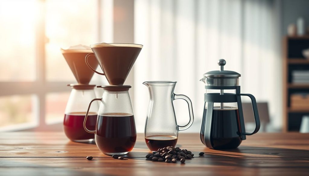 a highly detailed, photorealistic image of various coffee brewing methods, including a pour-over, a French press, and a drip coffee maker, set against a bright, airy background with natural lighting streaming in from a large window. The scene is staged on a wooden table, with the individual brewing devices showcased in the foreground, surrounded by a subtle array of vibrant, moving colors that complement the warm tones of the coffee. The middle ground features a few carefully placed coffee beans and a carafe of freshly brewed coffee, while the background subtly blurs out to emphasize the focus on the brewing methods. The overall atmosphere is one of calm, refinement, and the art of coffee making.