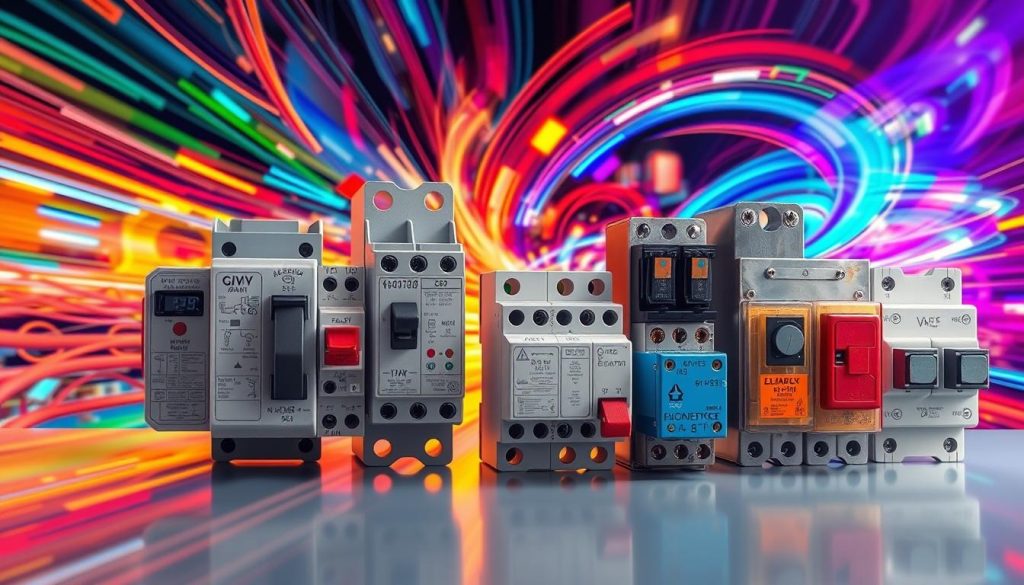 a highly detailed, photorealistic image of various equipment protection mechanisms, such as circuit breakers, fuses, relays, and emergency shut-off switches, against a vibrant, moving background of abstract colors and forms, creating a visually striking and technically informative illustration; the foreground showcases the protective devices in crisp detail, with precise schematics and technical annotations visible, while the middle ground features a dynamic array of colorful, energy-like shapes and patterns, and the background is a swirling, mesmerizing display of vivid, shifting hues that convey a sense of power and technological sophistication; the overall composition is well-balanced, with a clear focus on the safety equipment and a captivating, almost hypnotic backdrop that enhances the visual interest and technical relevance of the image a highly detailed, photorealistic image of various equipment protection mechanisms, such as circuit breakers, fuses, relays, and emergency shut-off switches, against a vibrant, moving background of abstract colors and forms, creating a visually striking and technically informative illustration; the foreground showcases the protective devices in crisp detail, with precise schematics and technical annotations visible, while the middle ground features a dynamic array of colorful, energy-like shapes and patterns, and the background is a swirling, mesmerizing display of vivid, shifting hues that convey a sense of power and technological sophistication; the overall composition is well-balanced, with a clear focus on the safety equipment and a captivating, almost hypnotic backdrop that enhances the visual interest and technical relevance of the image
