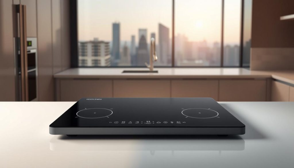 a highly detailed, photorealistic render of an induction cooktop technology, showcasing its sleek and modern design with a minimalist aesthetic. The cooktop is presented in the foreground, surrounded by a softly lit, minimalist kitchen environment. The surface of the cooktop is made of a glossy, black tempered glass material, with a series of touch-sensitive control panels and displays embedded within, emitting a subtle glow. The cooktop is illuminated from above by a warm, directional lighting setup, casting dramatic shadows and highlights that accentuate its smooth, reflective surfaces. In the middle ground, the kitchen cabinets and countertops are rendered in a clean, neutral color palette, providing a balanced and complementary backdrop. The background features a slightly blurred, out-of-focus cityscape, hinting at the modern, technology-driven context of the scene. The overall composition conveys a sense of sleek, minimalist sophistication, highlighting the advanced, intuitive nature of induction cooktop