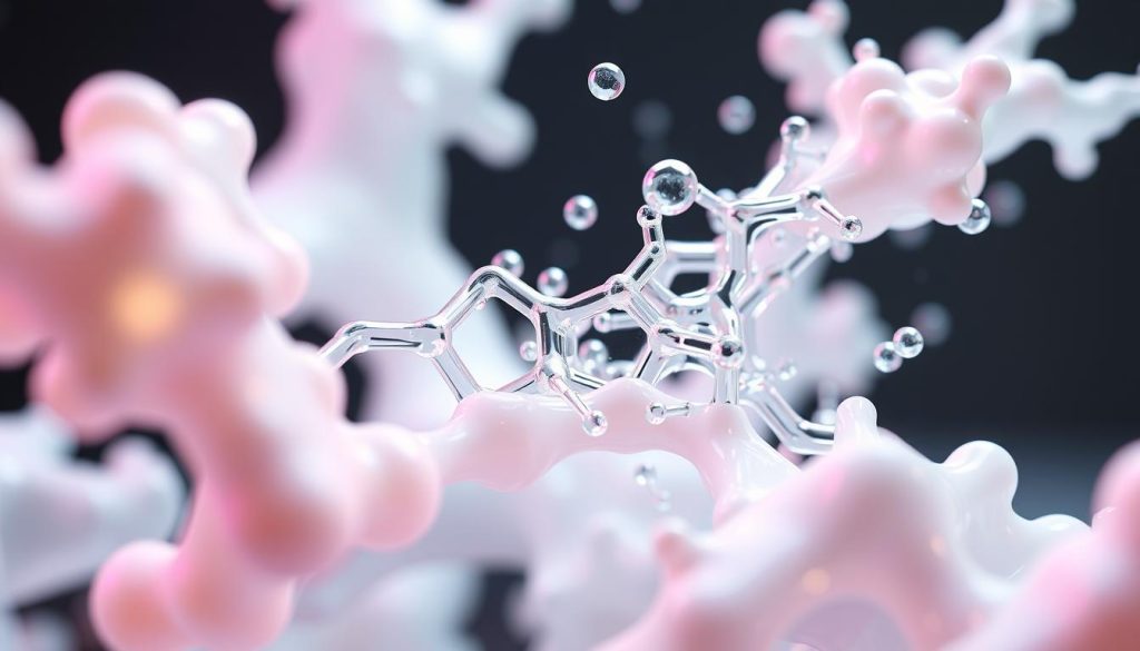 a highly detailed, scientifically accurate 3D rendering of the chemical process of casein polymer formation, showcasing the transformation of milk proteins into a plastic-like material through the addition of vinegar. The scene should depict the molecular structure of casein proteins, with intricate visuals of the chemical bonds breaking and reforming as the polymerization occurs. Utilize a close-up, cross-sectional view to reveal the inner workings of this fascinating process, bathed in a vibrant, luminous color palette that highlights the dynamic, almost organic nature of the transformation. Render the scene with a crisp, photorealistic style and elegant lighting to convey the scientific elegance of this chemical phenomenon.
