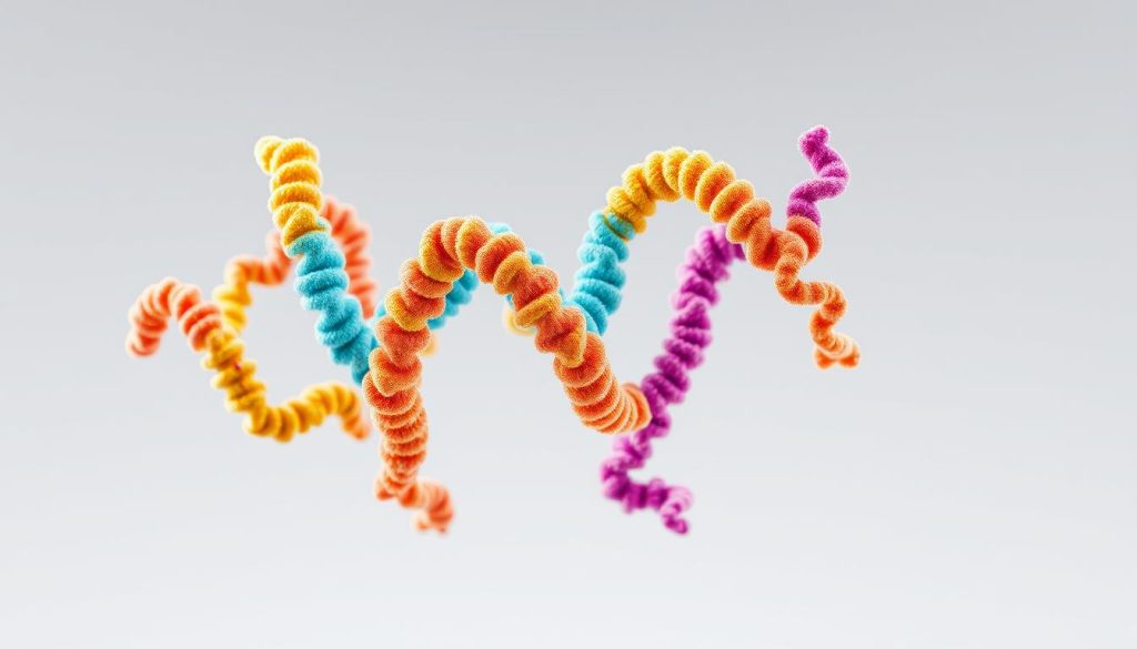 a highly detailed, scientifically accurate 3D rendering of the molecular structure of a protein, with a focus on visualizing the complex folding patterns and intricate interactions between amino acid residues. The structure should be depicted in vibrant, flowing colors that shift and morph dynamically, conveying a sense of the protein's inherent flexibility and constant motion at the molecular scale. The camera should be positioned to provide a clear, unobstructed view of the protein's overall shape and topology, with careful attention to lighting and depth of field to highlight the structural intricacies. The background should be minimalist and clean, allowing the protein structure to be the sole focal point, emphasizing its role as the fundamental building block of life and the key to understanding the science of protein coagulation.
