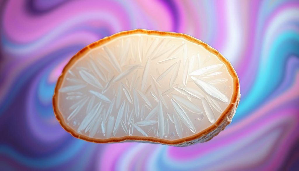 a highly detailed, scientifically accurate, and visually stunning cross-section illustration of rice starch granules, showcased against a vibrant, swirling background of vivid, moving colors. The starch granules should be rendered with meticulous precision, revealing their intricate internal structure and composition in striking detail. The lighting should be soft and diffused, creating a sense of depth and dimensionality. The camera angle should be slightly elevated, providing an optimal view of the starch granules' complex, crystalline patterns. The overall mood should convey a sense of scientific curiosity and wonder, inviting the viewer to explore the hidden complexity of this fundamental component of rice.