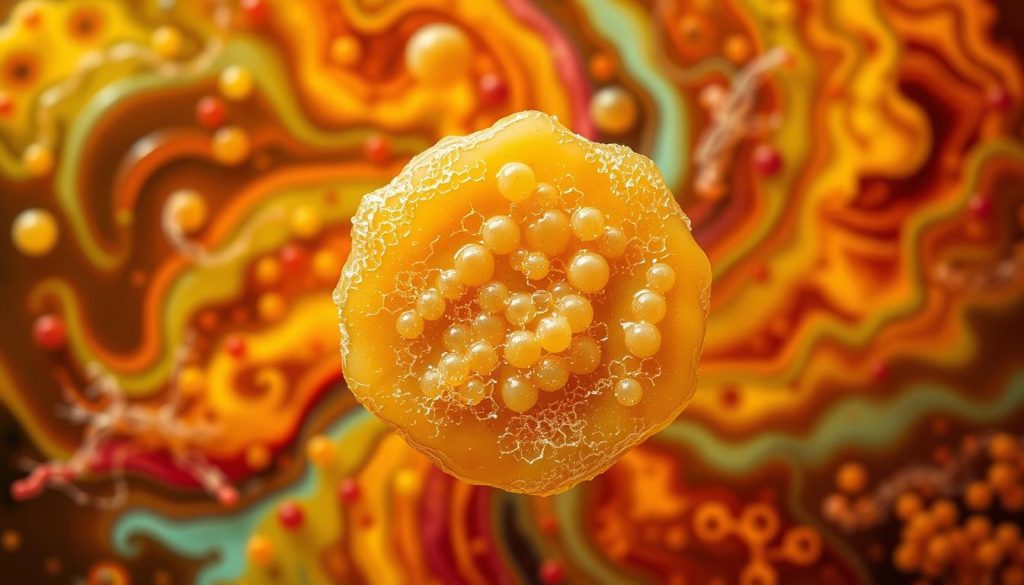a highly detailed, scientifically accurate illustration of the chemical composition of kombucha, featuring a close-up view of the symbiotic culture of bacteria and yeast (SCOBY) in the foreground, with a vibrant, swirling background of the various organic compounds and nutrients that make up this fermented tea beverage. The SCOBY should be shown in vivid, lifelike detail, with intricate textures and a sense of movement, surrounded by a kaleidoscope of colorful, dynamic elements representing the complex chemical processes involved in kombucha fermentation. The overall mood should be one of scientific exploration and fascination, conveying the wonder and complexity of the microbial ecosystem that produces this unique and flavorful probiotic drink. a highly detailed, scientifically accurate illustration of the chemical composition of kombucha, featuring a close-up view of the symbiotic culture of bacteria and yeast (SCOBY) in the foreground, with a vibrant, swirling background of the various organic compounds and nutrients that make up this fermented tea beverage. The SCOBY should be shown in vivid, lifelike detail, with intricate textures and a sense of movement, surrounded by a kaleidoscope of colorful, dynamic elements representing the complex chemical processes involved in kombucha fermentation. The overall mood should be one of scientific exploration and fascination, conveying the wonder and complexity of the microbial ecosystem that produces this unique and flavorful probiotic drink.