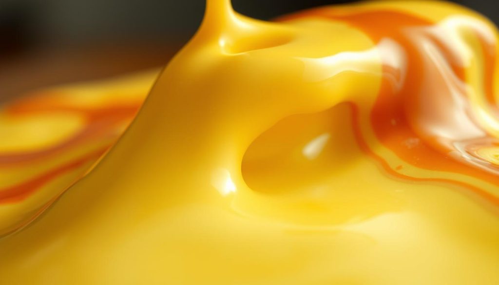 a hyper-realistic close-up shot of melting cheese, with the gooey, stretchy texture and vibrant, flowing colors on full display. The cheese is illuminated by soft, diffused lighting that accentuates the glossy, reflective surface and highlights the intricate patterns as the cheese liquefies. The camera angle is slightly tilted, creating a dynamic, immersive perspective that draws the viewer into the scene. The background is blurred, keeping the focus solely on the captivating transformation of the cheese.