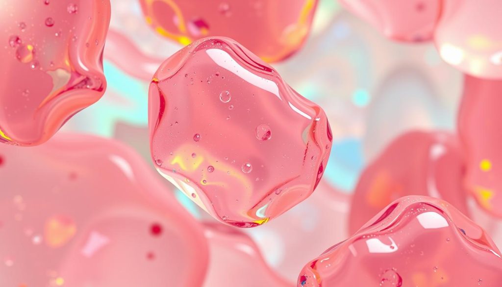 a hyper-realistic, highly detailed, macro close-up photograph of collagen and gelatin supplements, showcasing their transparent, shimmering, jelly-like textures. The collagen and gelatin are suspended in a vibrant, kaleidoscopic display of swirling, animated colors, creating a visually captivating and informative illustration of their health benefits. The image is shot with a professional-grade, high-resolution camera, using soft, diffused lighting to accentuate the natural translucency and glossiness of the supplements. The focus is sharp, the depth of field is shallow, and the composition is balanced, drawing the viewer's attention to the intricate structures and properties of these key nutritional compounds.