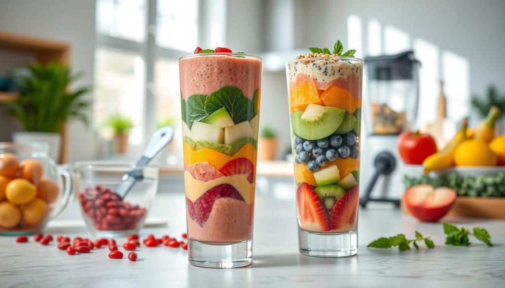 a layered smoothie with vibrant, swirling colors and a step-by-step guide on how to create it. in the foreground, a glass filled with a smoothie showcasing distinct, colorful layers of fruits, vegetables, and healthy toppings. the middle ground features measurement cups, blender, and other smoothie preparation tools neatly arranged. the background has a bright, airy kitchen setting with natural light streaming in, creating a fresh and inviting atmosphere. the image is captured with a wide-angle lens, emphasizing the layering process and the overall aesthetics of the smoothie preparation. the lighting is soft and diffused, highlighting the vibrant hues of the ingredients. the overall mood is one of simplicity, healthy living, and culinary creativity.