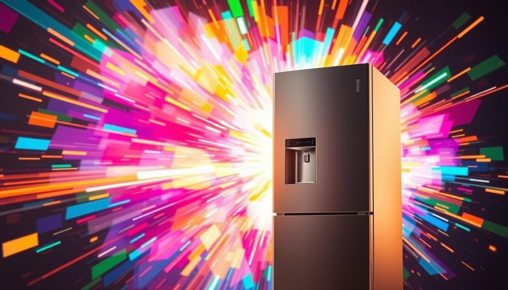 a modern, energy-efficient refrigerator with sleek, minimalist design set against a vibrant, exploding backdrop of colorful geometric shapes and dynamic energy currents. The refrigerator is prominently featured in the foreground, its stainless steel finish gleaming under soft, warm lighting. In the middle ground, swirling neon-like energy fields and abstract patterns create a sense of power and efficiency. The background is filled with a kaleidoscope of bold, clashing colors that suggest the transformative potential of energy-saving technology. Together, the composition conveys the idea of a high-performance, sustainable appliance that is both visually striking and environmentally conscious. a modern, energy-efficient refrigerator with sleek, minimalist design set against a vibrant, exploding backdrop of colorful geometric shapes and dynamic energy currents. The refrigerator is prominently featured in the foreground, its stainless steel finish gleaming under soft, warm lighting. In the middle ground, swirling neon-like energy fields and abstract patterns create a sense of power and efficiency. The background is filled with a kaleidoscope of bold, clashing colors that suggest the transformative potential of energy-saving technology. Together, the composition conveys the idea of a high-performance, sustainable appliance that is both visually striking and environmentally conscious.