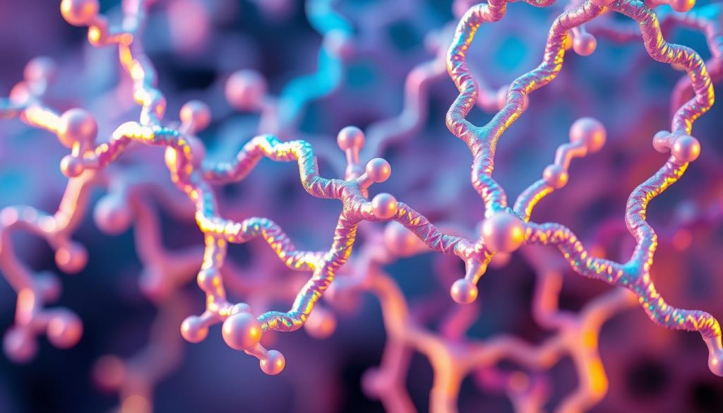 a molecular structure of cheese protein in vibrant, moving colors. a close-up view of the intricate protein strands and bonds, with a shimmering, dynamic quality. the structure is rendered in a spectrum of blues, greens, and purples, with a sense of depth and layering. the image captures the complexity and vibrancy of the cheese's internal composition, providing a detailed, technical illustration to accompany the article's section on the structure of cheese.