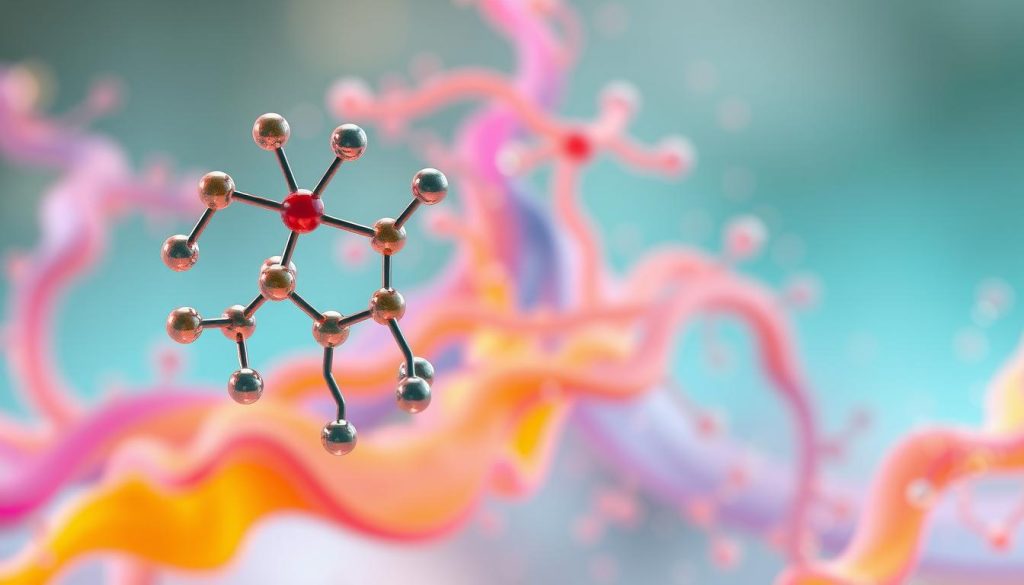 a molecular structure of emulsifiers in vibrant, moving colors. in the foreground, a detailed, hyper-realistic 3D rendering of the chemical structure, showcasing the individual atoms, bonds, and functional groups that make up common emulsifier molecules. the middle ground features a dynamic, swirling backdrop of colorful, fluid-like shapes and patterns, representing the complex interactions and behavior of emulsifiers in an emulsion system. the background is a softly blurred, ethereal environment, with subtle gradients and highlights that create a sense of depth and atmosphere. the overall composition conveys the intricate science underlying emulsions, with a visually captivating and technically accurate representation of emulsifier molecular structure.