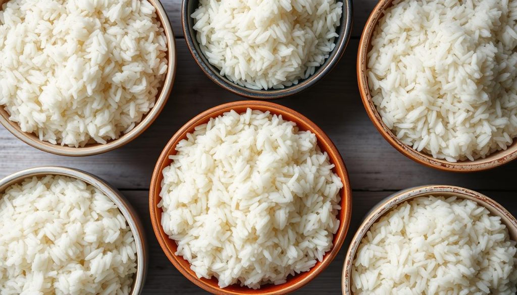 a photo of various bowls of cooked rice showcasing the optimal rice-to-water ratio, shot from an overhead perspective with natural lighting and a shallow depth of field, creating a visually striking and informative display that clearly illustrates the importance of properly measuring ingredients for perfectly cooked, non-sticky rice, with vibrant, moving colors that draw the viewer's attention to the different textures and moisture levels of the rice samples.
