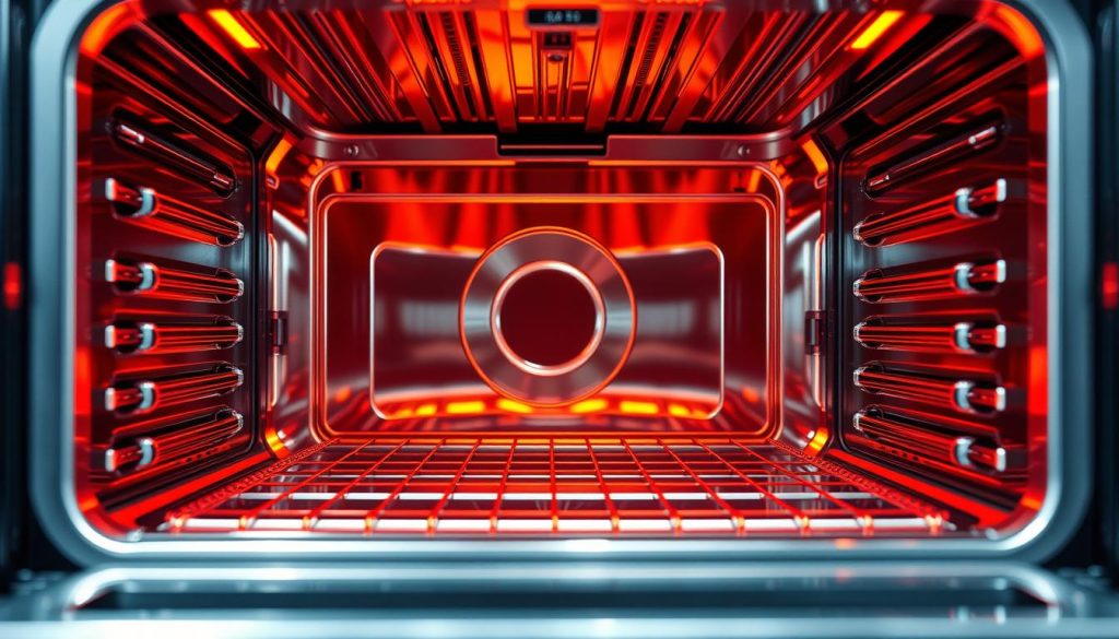 a radiant infrared oven mechanism, gleaming with metallic surfaces and vibrant moving colors. The foreground features the intricate inner workings, with heating elements and reflectors precisely arranged to evenly distribute infrared energy. In the middle ground, the oven cavity is visible, bathed in a warm glow. The background showcases the sleek, minimalist exterior design, with clean lines and a polished finish. Dramatic lighting casts dramatic shadows, highlighting the technical sophistication of this advanced cooking appliance. The overall scene conveys a sense of efficiency, innovation, and the seamless integration of cutting-edge technology into the modern kitchen.