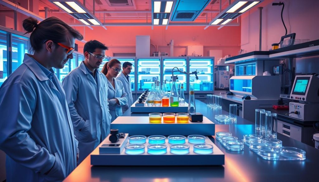 a vibrant, dynamic scene of UV-C research studies, captured in a laboratory setting with advanced scientific equipment. In the foreground, a team of researchers in white lab coats and safety goggles intently observes a UV-C light source, the beams casting an ethereal glow across the workspace. In the middle ground, various test samples and petri dishes are arranged on sleek, modern workstations, hinting at the ongoing experiments and comparative analyses. The background showcases the state-of-the-art laboratory, with high-tech instruments, digital displays, and a sense of technological sophistication. The overall atmosphere conveys a mood of scientific inquiry, discovery, and the pursuit of knowledge about the powerful sterilizing properties of UV-C light.
